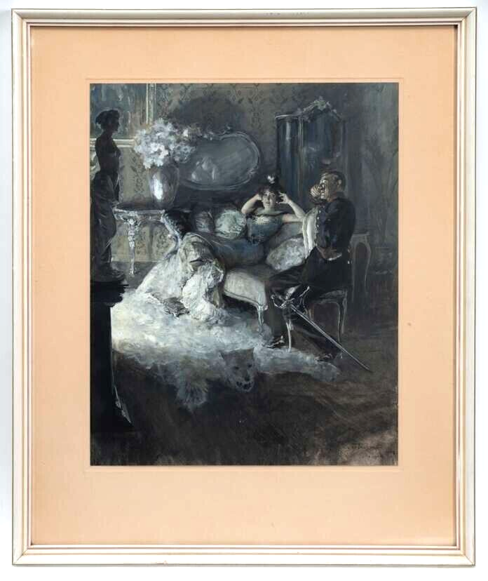 Oscar Blum - Die Dame und der Offizier - Aquarell auf Papier - gerahmt - 19020