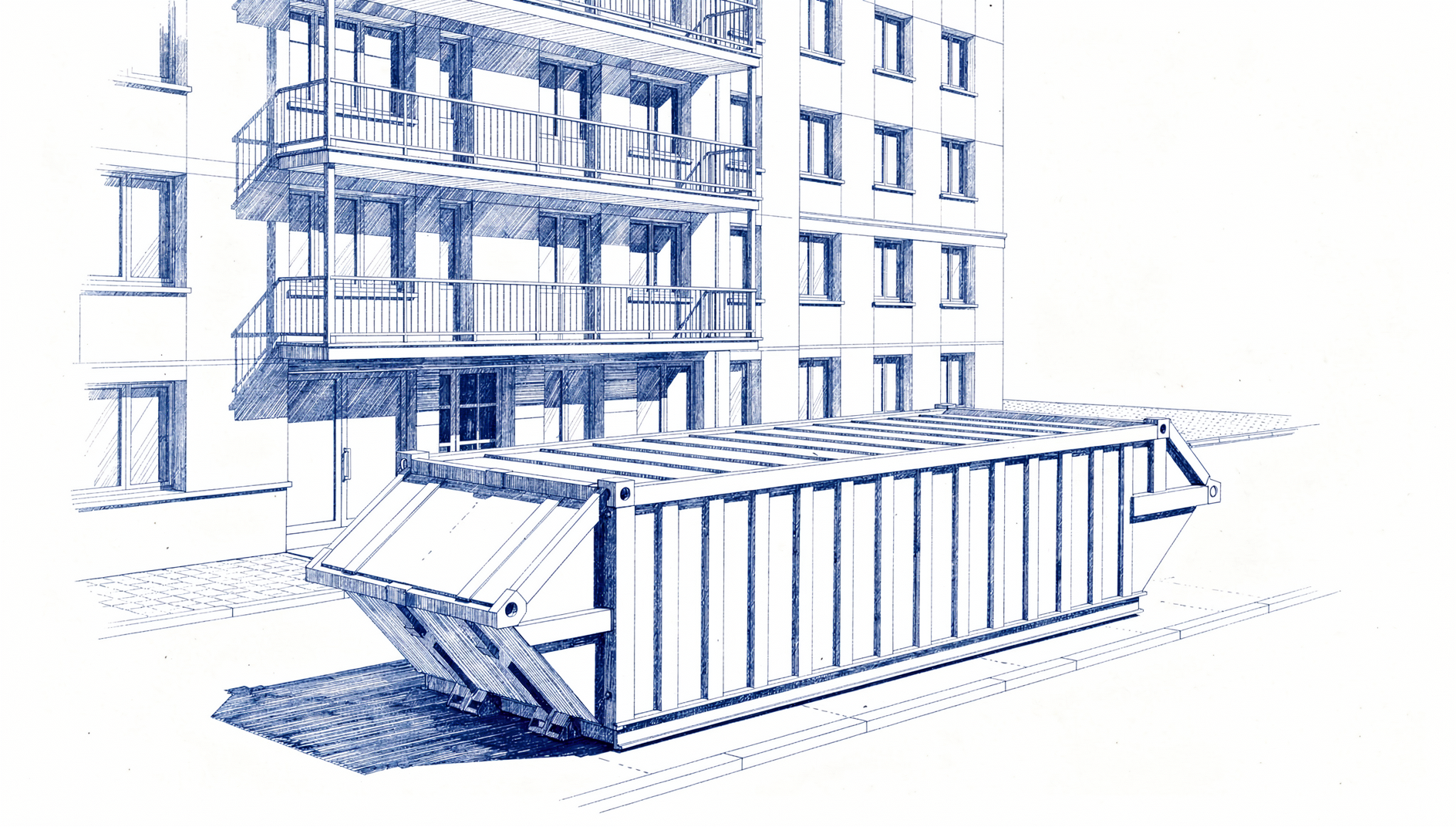 Container vor Wohngebäude bei Haushaltsauflösung Fritsch - Skizze