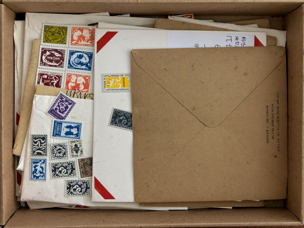 Schachtel mit losen Briefmarken und alten Briefumschlägen