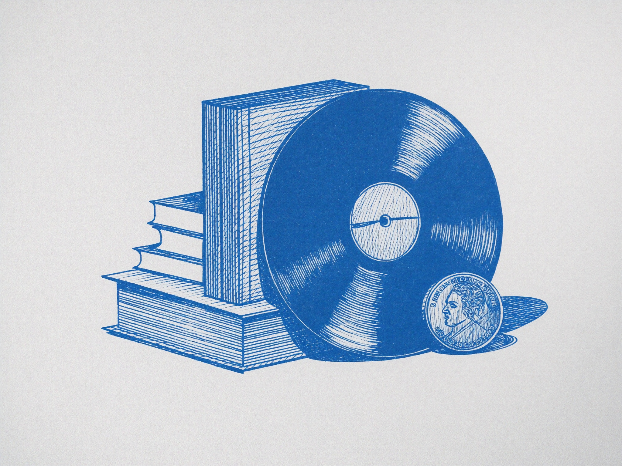 Gebrauchtwarenankauf - Architekturskizze zeigt Bücher, Schallplatten und Sammlerstücke beim Ankauf