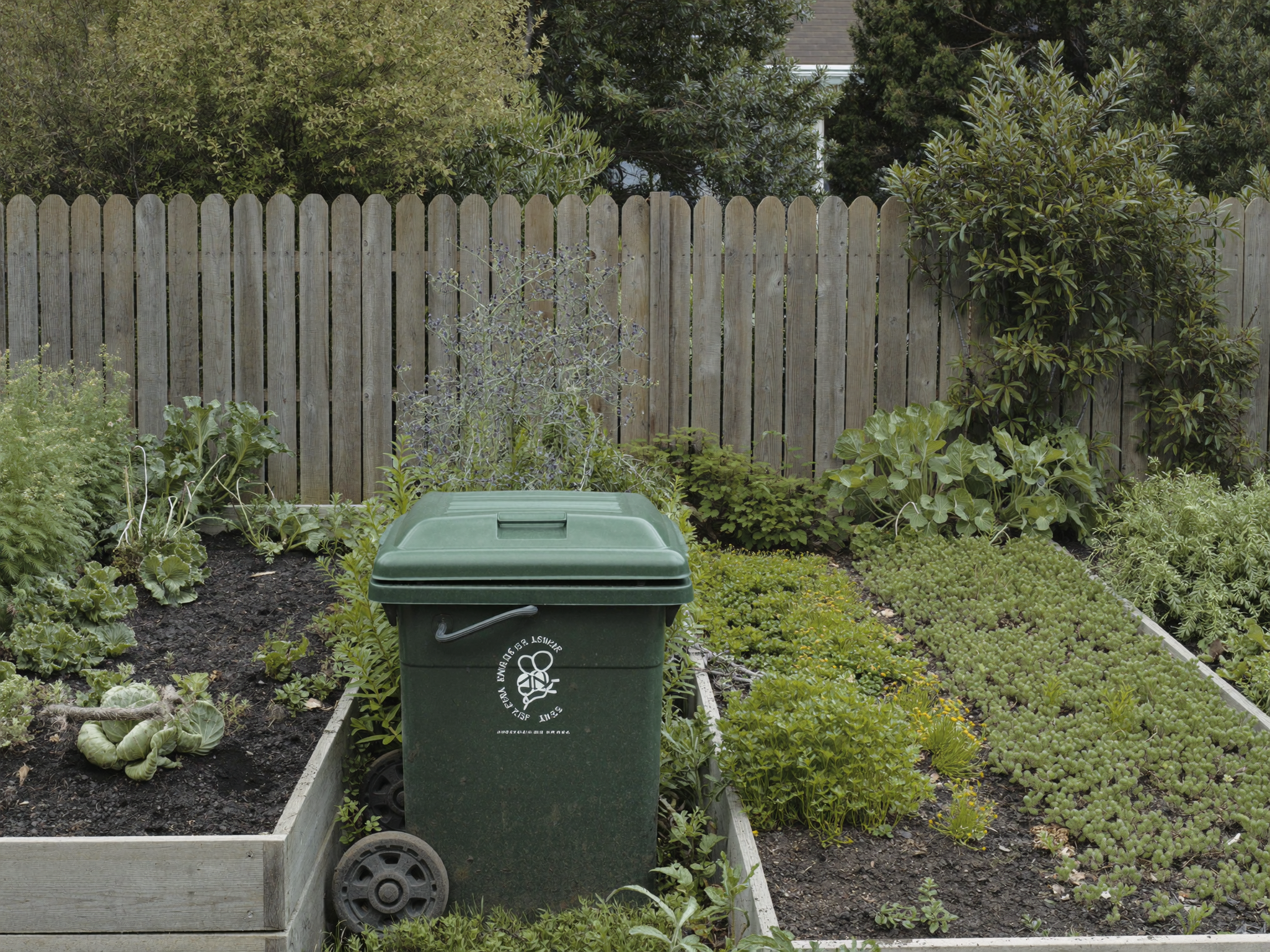 Gepflegter Garten mit Komposter und Hochbeeten