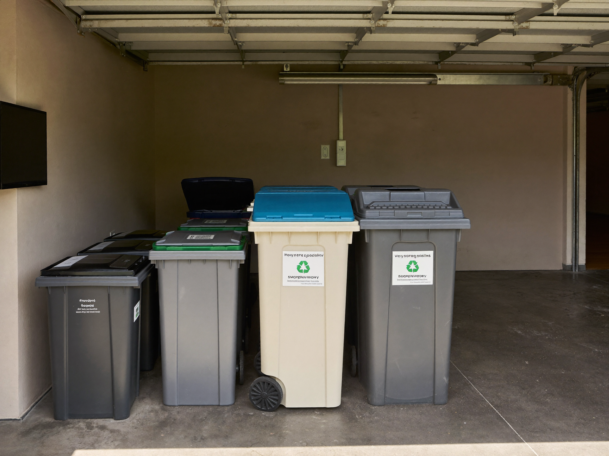Aufgeraeumte Recyclingstation mit getrennten Tonnen in einer Garage