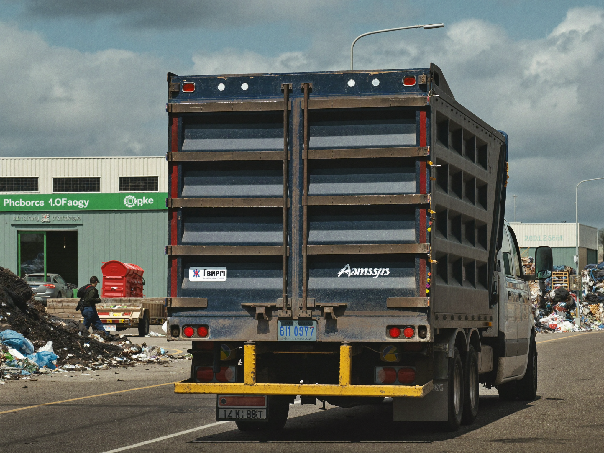 Beladener Pickup faehrt zu einer Recyclinganlage