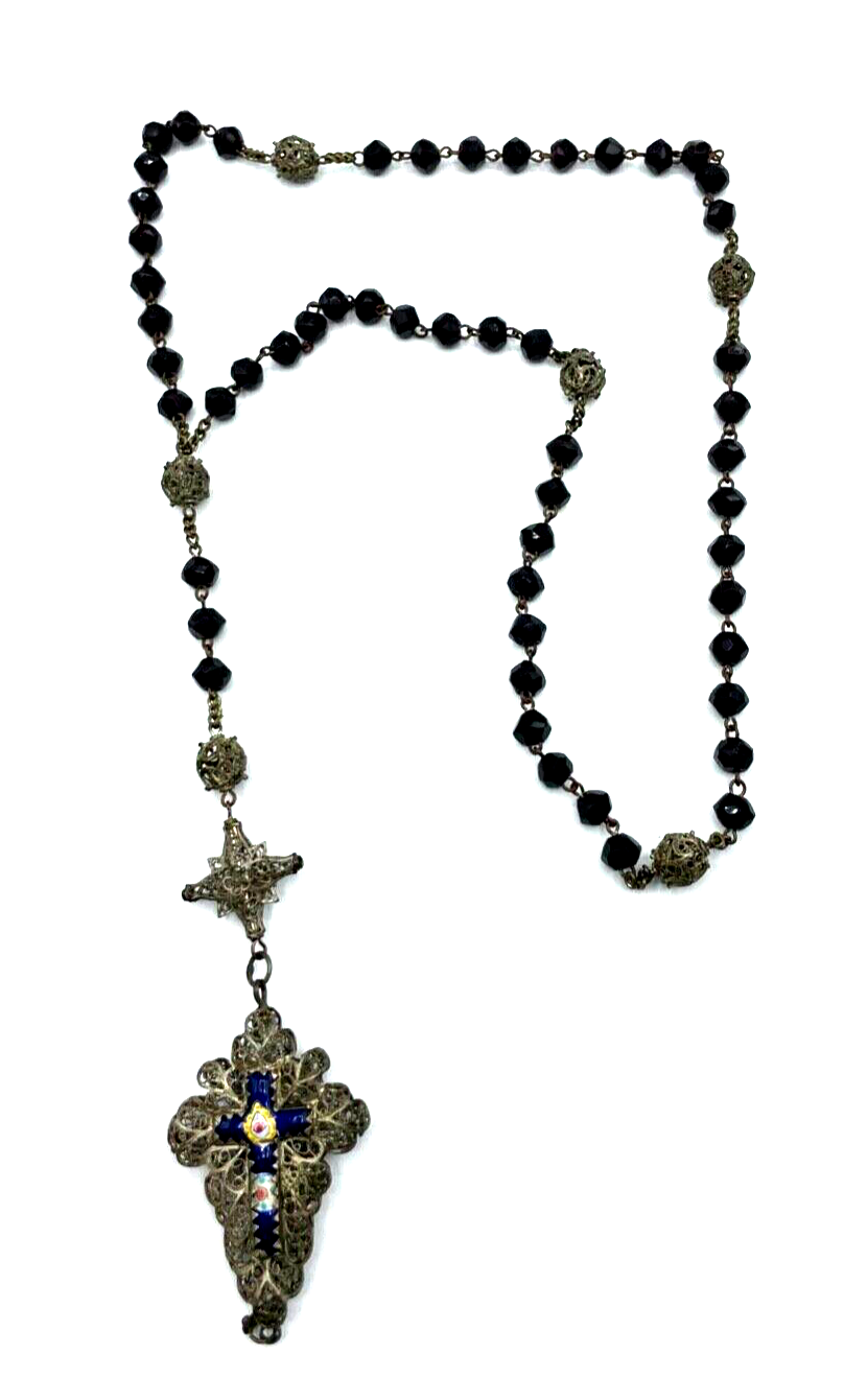 Antik Biedermeier Rosenkranz Filigran + Emaille Granat Perlen teilweise Silber4