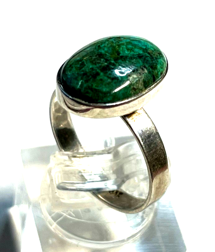 Solider 925 Silber Ring Chrysokoll Cabochon Besatz Handarbeit Ø 17 mm RG 54 Nr.33