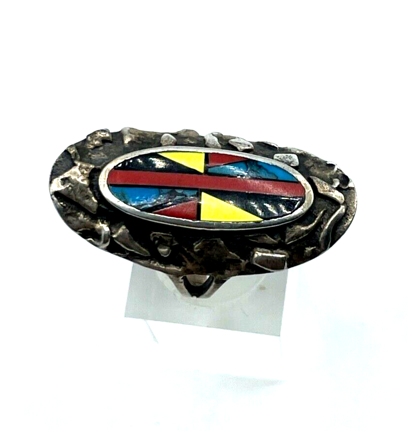 925 Sterling Silber Ring Zuni Indianerschmuck Edelstein Inlay Handarbeit Ø 16mm3