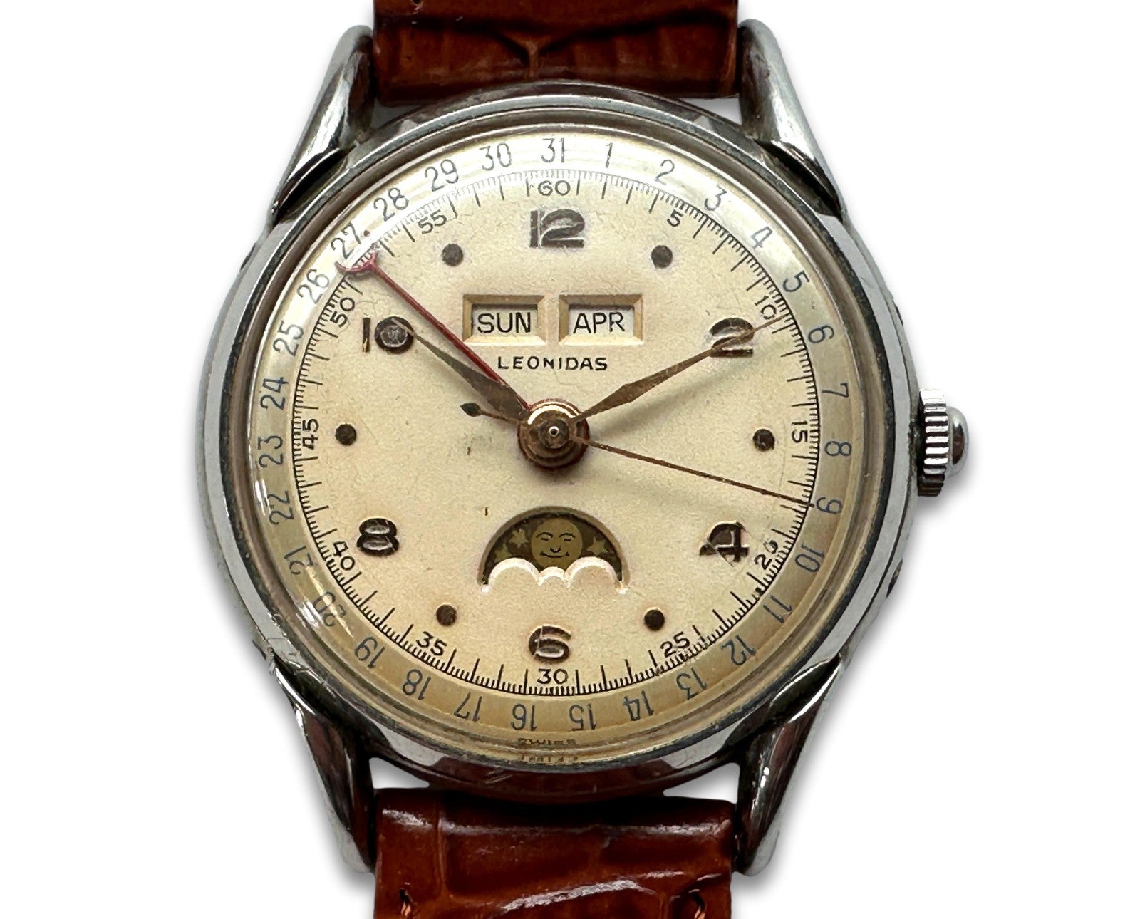 Leonidas Uhr - Mondphase Day-Date - Pointer Date - Stahl - 35,5mm - ca. 1950er0