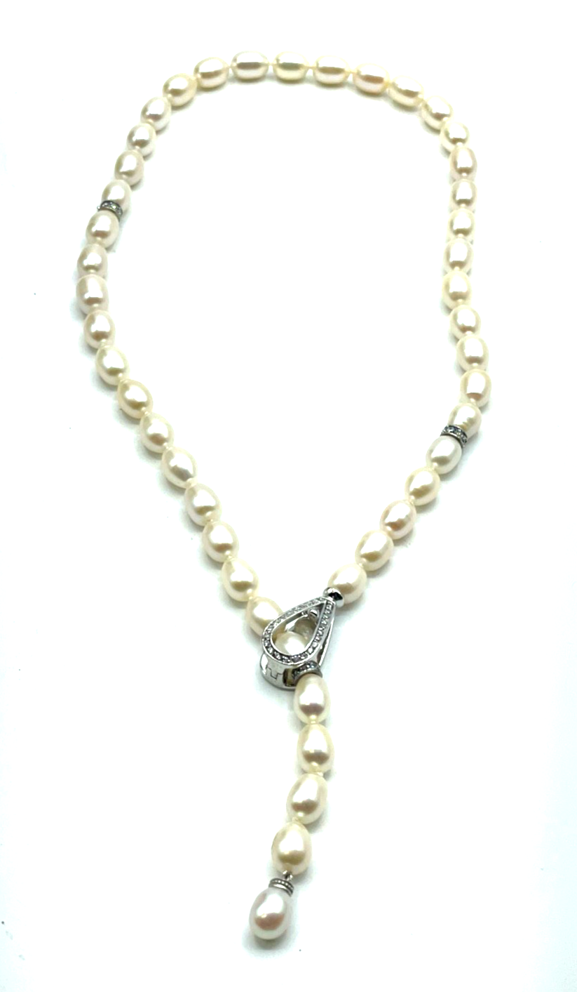 Ausgefallene SWZ Perlenkette 925 Silber Clip längenverstellbar 1A gepflegt 50 cm6