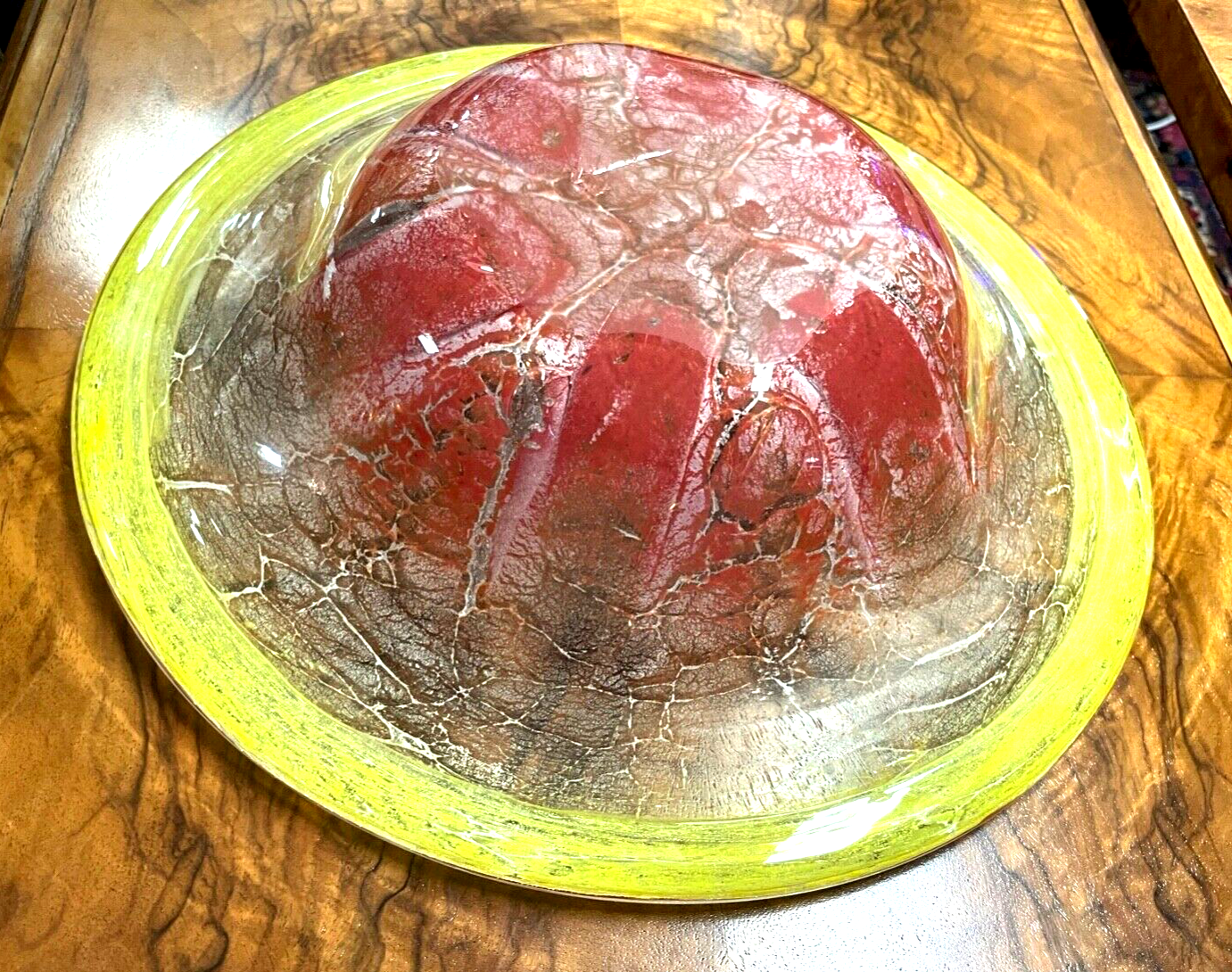 Antik IKORA Glas WMF Uranglas Schale 1A Zustand Ø 32 cm intensiv rot + neongelb9