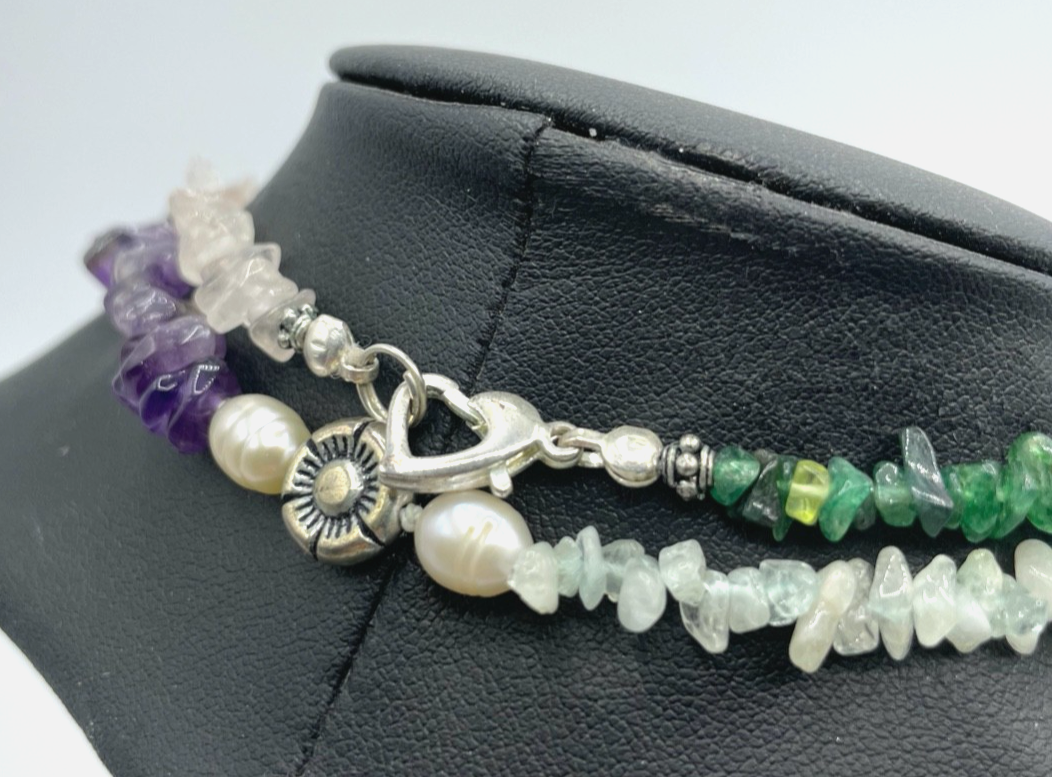 99 cm lange Halskette echte Edelsteine Smaragd Amethyst Aquamarin SWZ Perlen Mix2