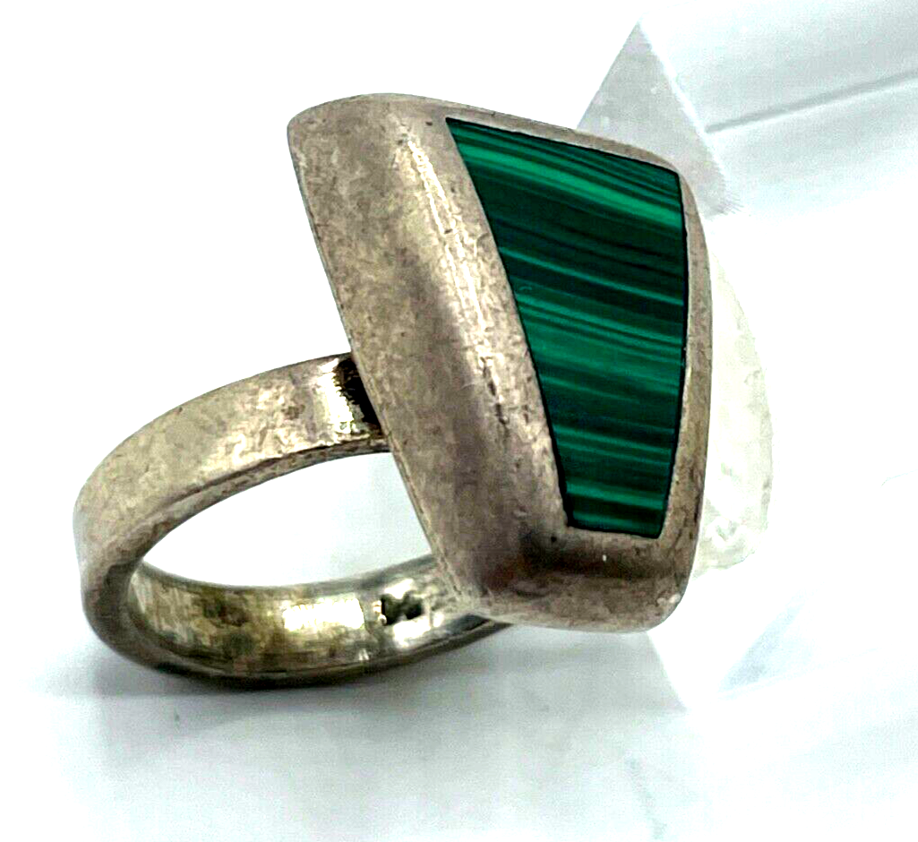 Vintage solider 835 Silber Ring Malachit massiv Ø16mm RG51 Handarbeit midcentury5