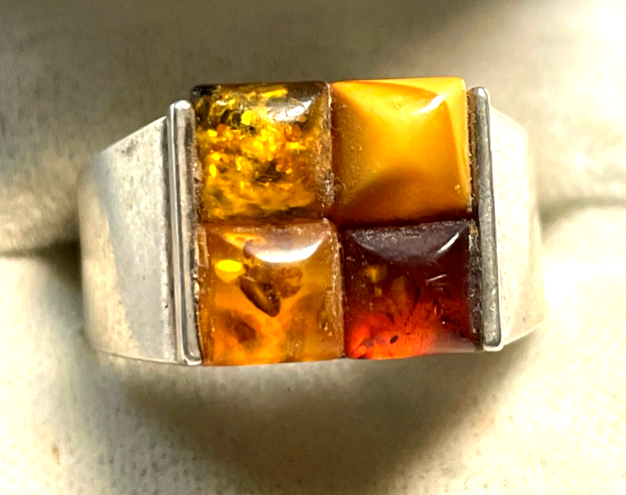 Aparter 925 Silber Ring Handarbeit 4 Bernstein Cabochon RG 65 Ø 20,6 unisex1