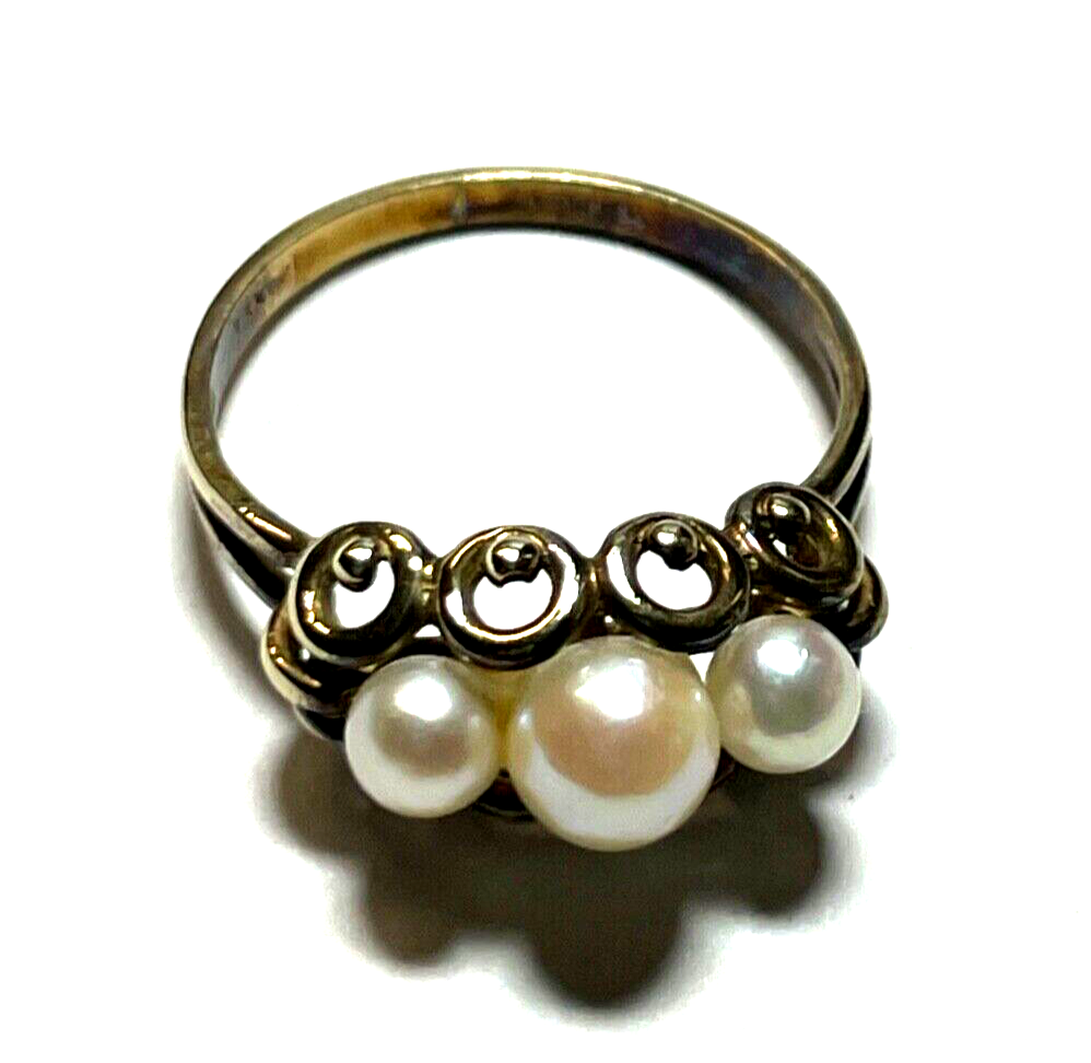 Antik 333 Gold 8 K Ring 3 x echte Perle 17 mm RG 54 Juwelier aparte Fassung0