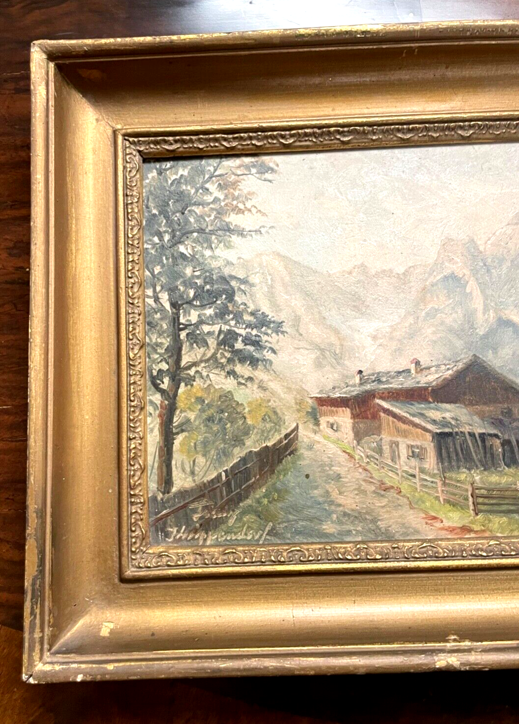 Ölgemälde Franz Krippendorf 1907-1982 alpenländische Kate vor Gebirge Landschaft1