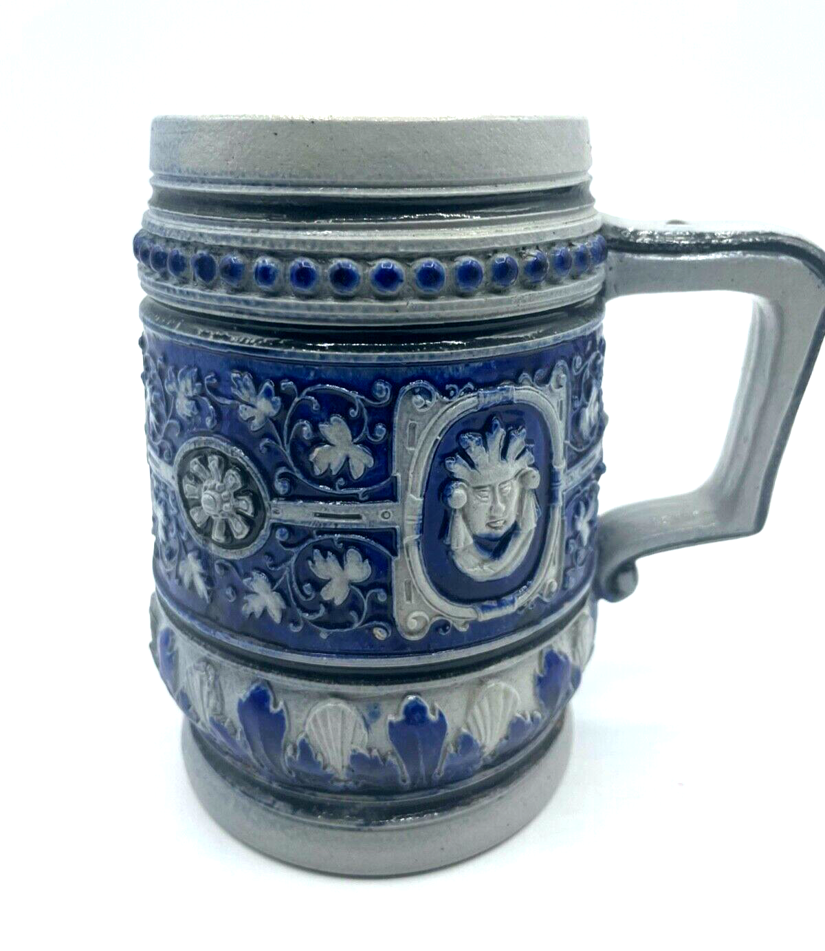 Alter Maskaron Steinzeug Henkelbecher Weinbecher  Becher 1/2 Ltr. um 1900 Prosit2