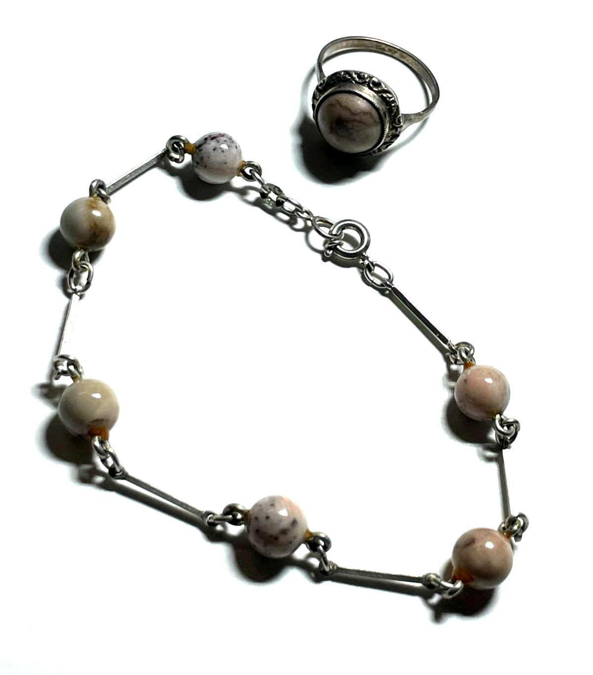 Vintage 800 RW Silber Set Armkette Armband + Ring mit Jaspis 60erJ 70erJ RG 534