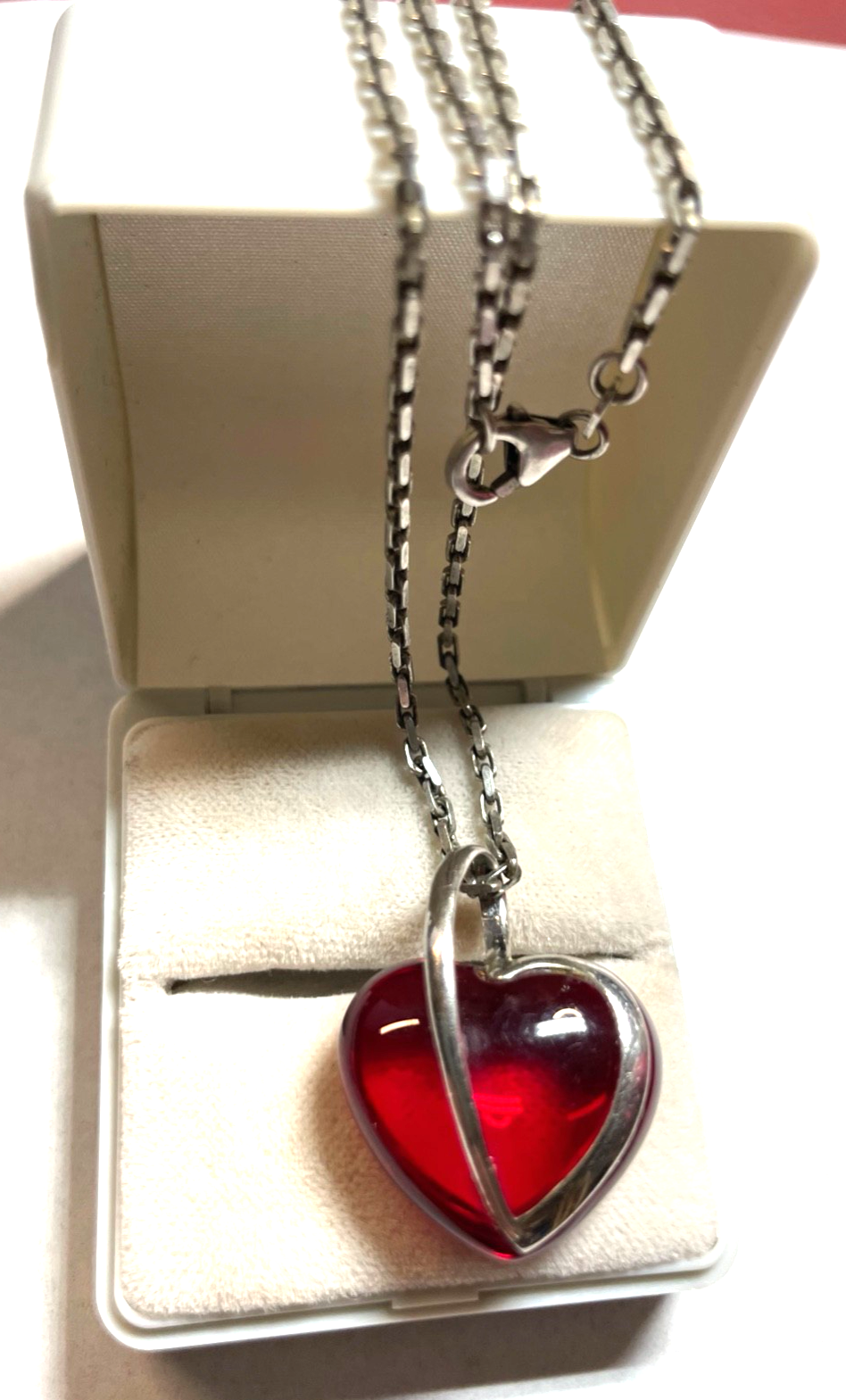 Vintage massiv 925 Silber Gliederkette + roter Design Glas Herz Anhänger gepfl.1