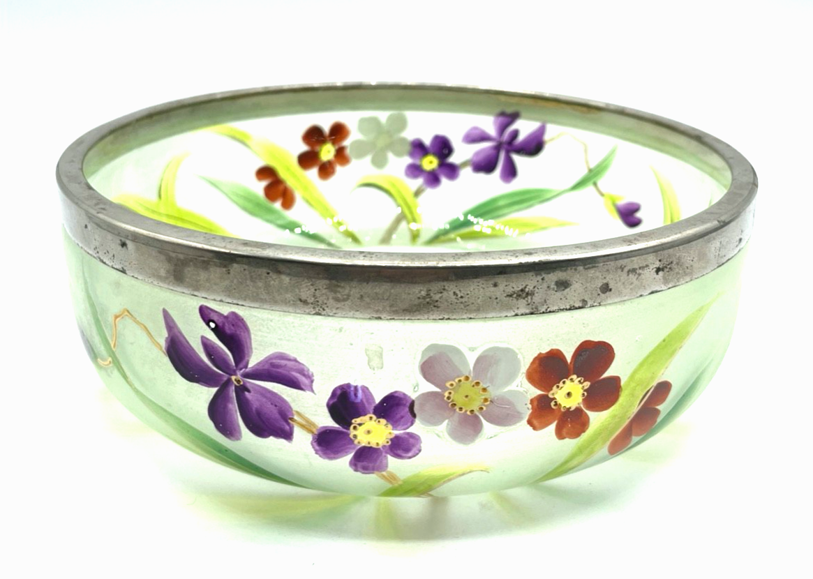 Jugendstil antik Glas Schüssel Anbieten Schale handbemalt Blumen Dekor0