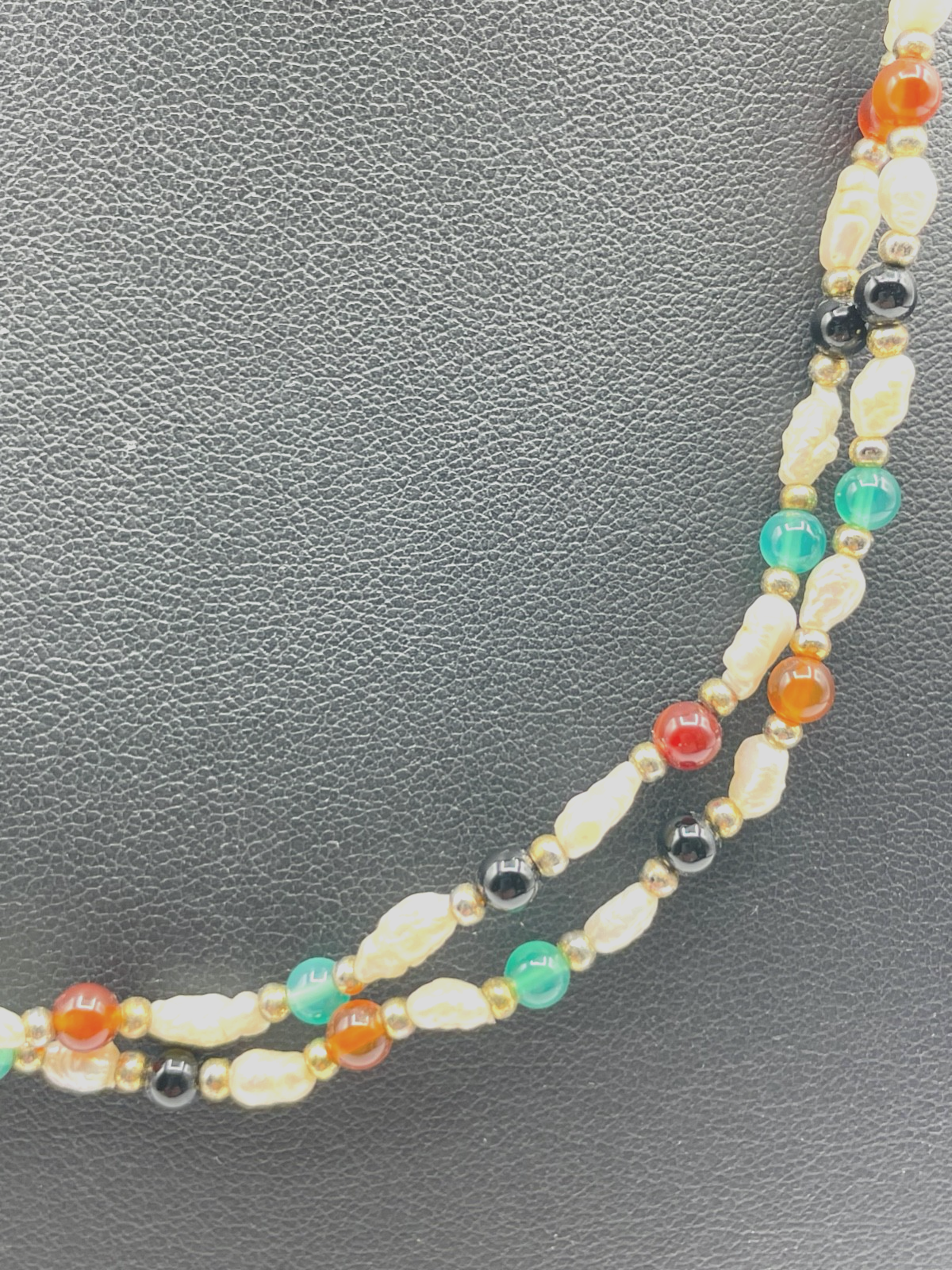 Gemischte Edelstein Kette 925 Silber Elemente + Biwa Perlen L 92 cm lang gepfl.1