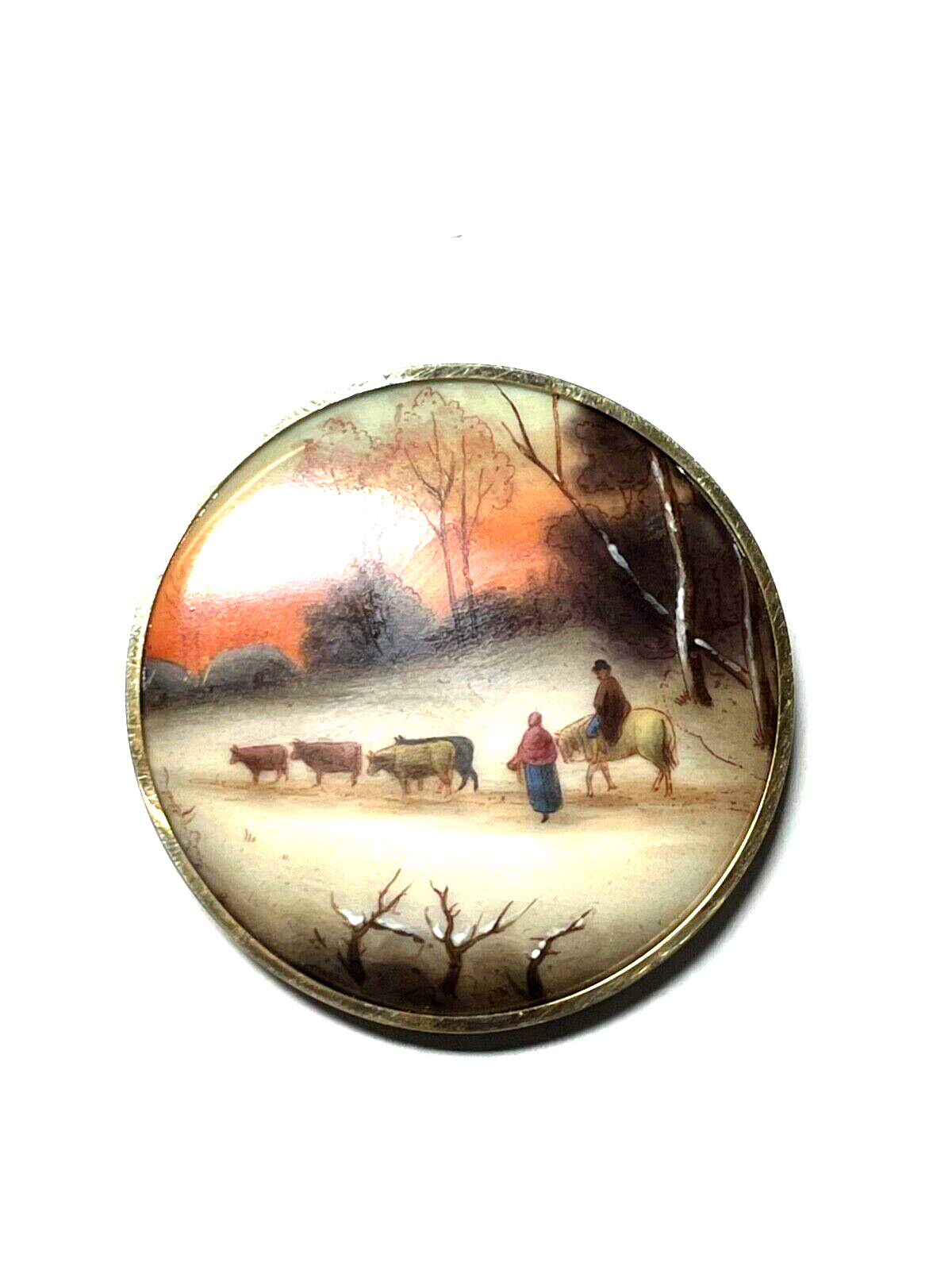 585 Gold 14 K Gelbgold gr. Anhänger / Brosche Porzellan Lupenmalerei  Ø 52 mm2