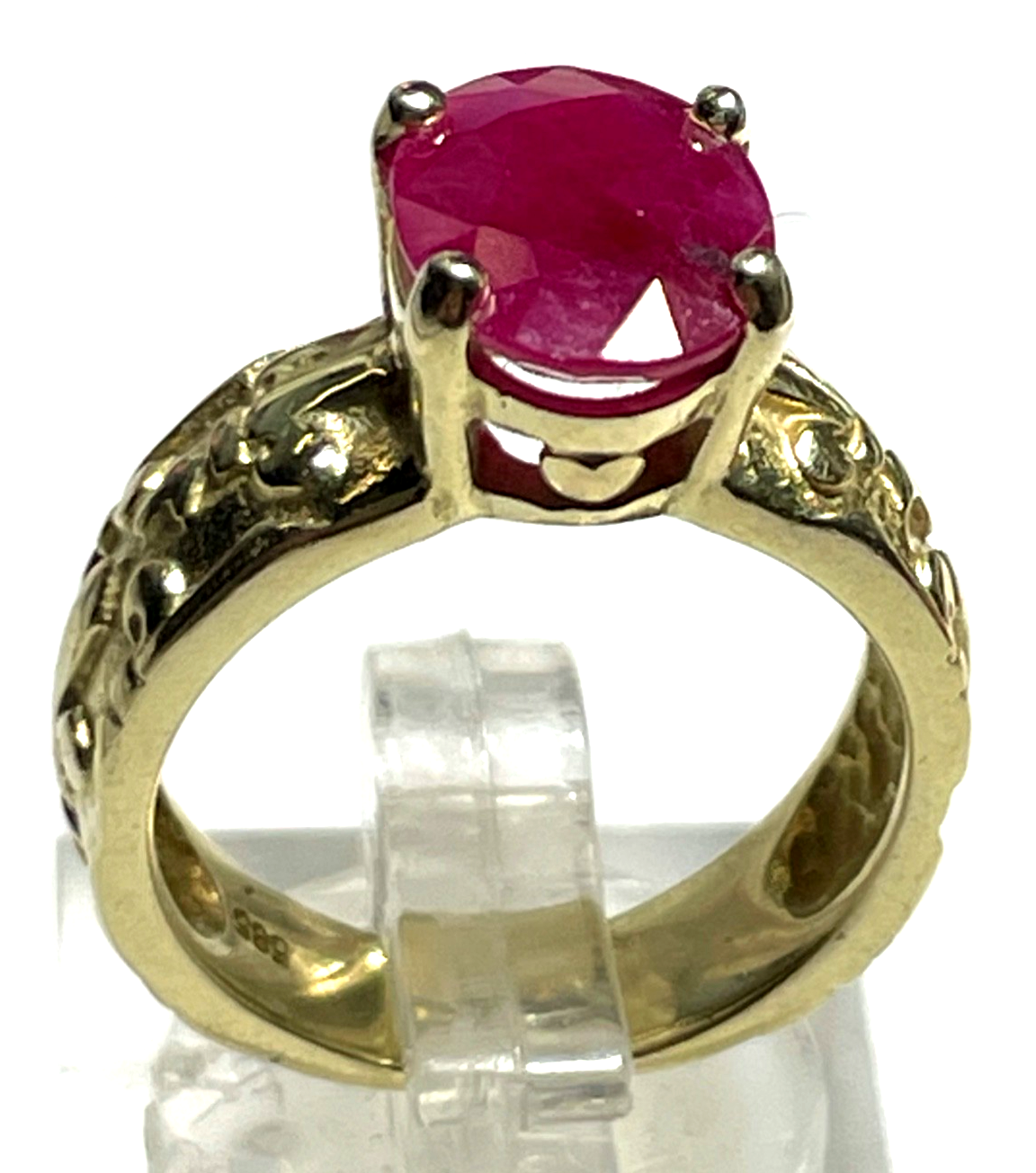 Exklusiver 585 Gold 14 K Ring gr. Rubin Fleur de Lys Wappen Lilie Dekor RG 515