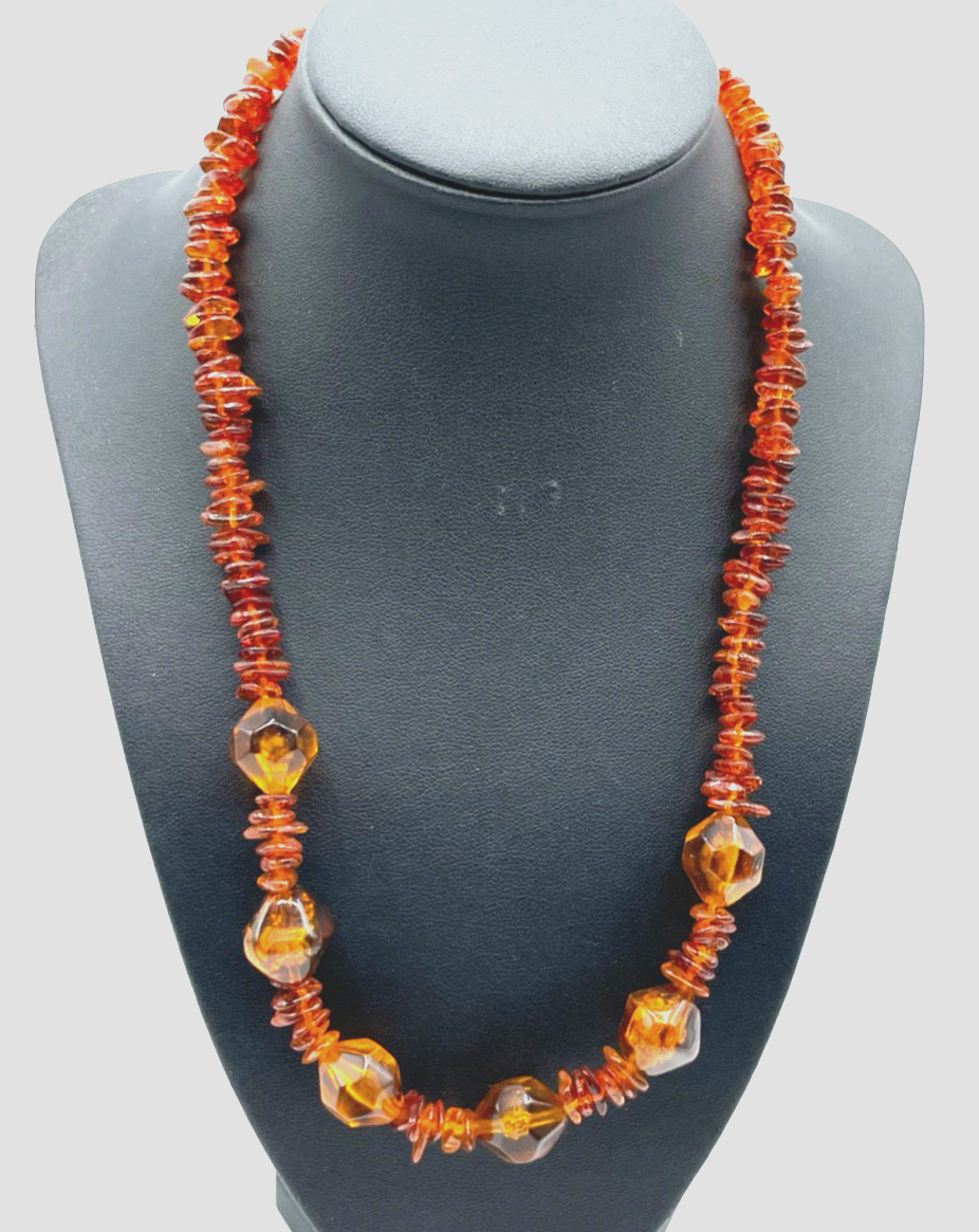 Vintage 51 cm lange Bernstein Kette interessantes Design Golddouble Karabiner1