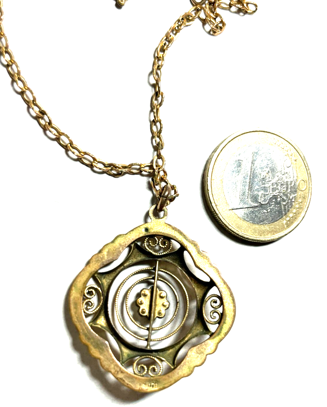 Jugendstil Anhänger mit Kette Rotgold farbig Golddouble Farbsteinchen Perle gepf3