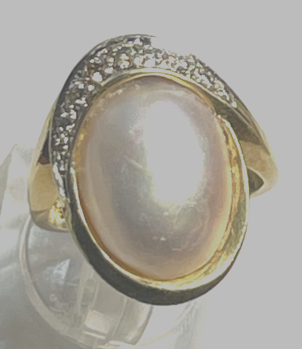 Eleganter 585 Gold 14 K Ring Tahiti Mabé Perle + 10 Diamanten Ø 17,5 mm RG 557