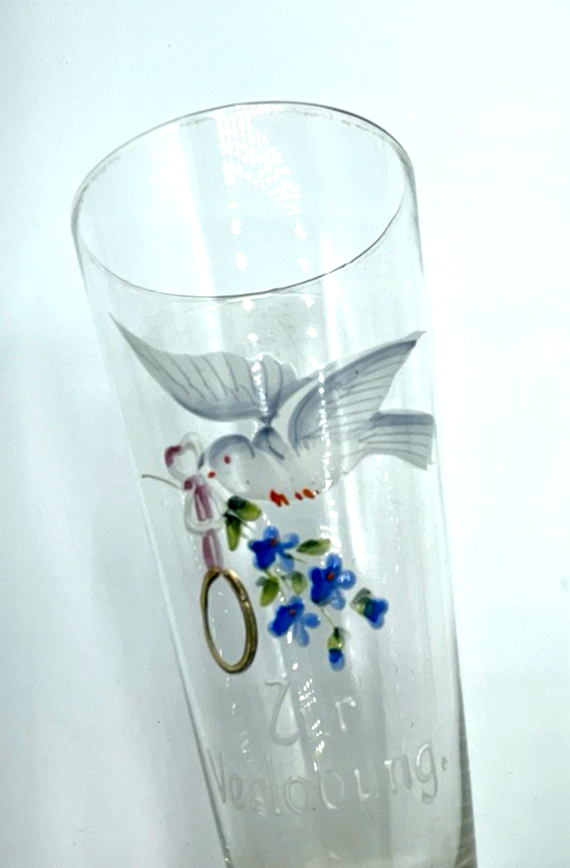 Antik Jugendstil Glas ZUR VERLOBUNG Handmalerei Taube Vergissmeinnicht Ring4