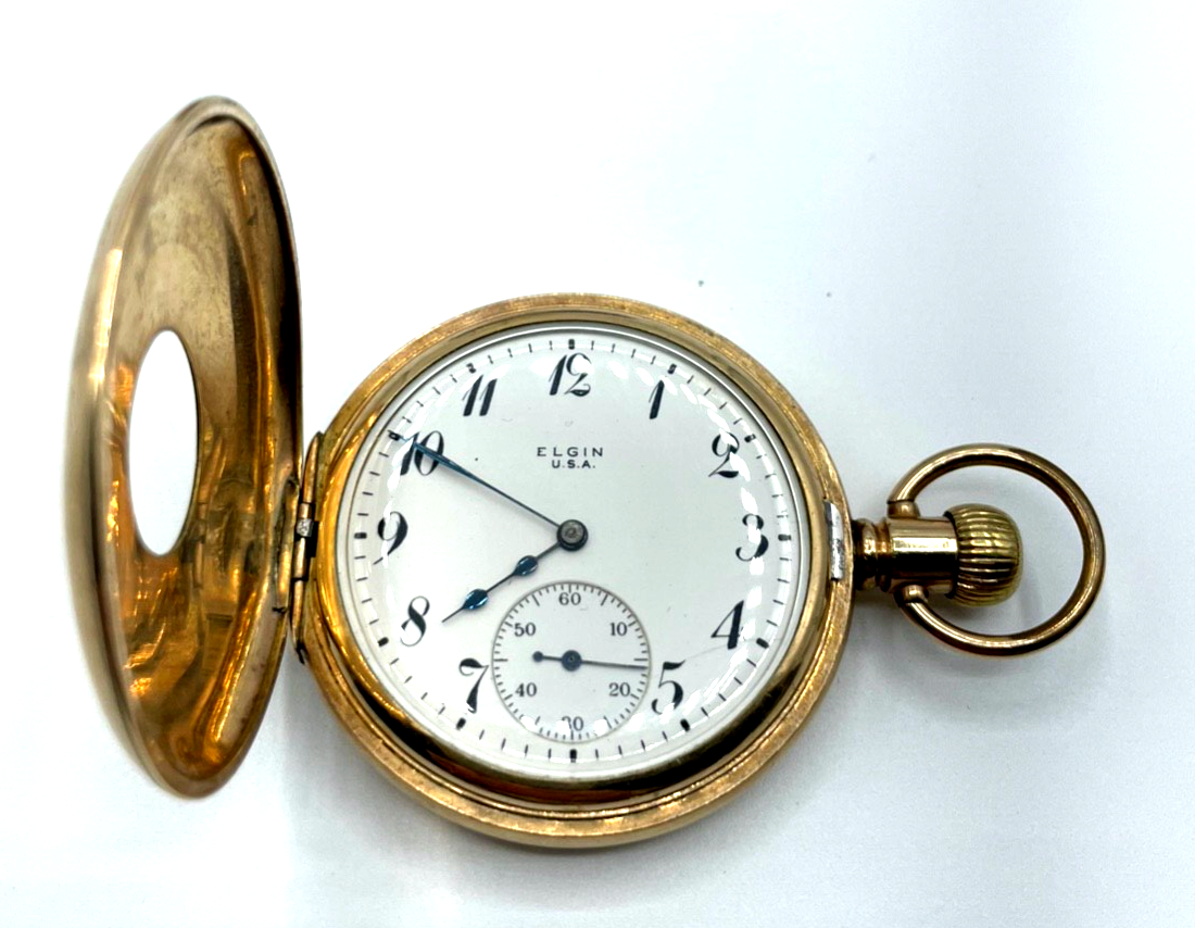 Antik HTU Herren Taschenuhr Elgin USA Golddouble + Glassturz TU Ständer läuft5