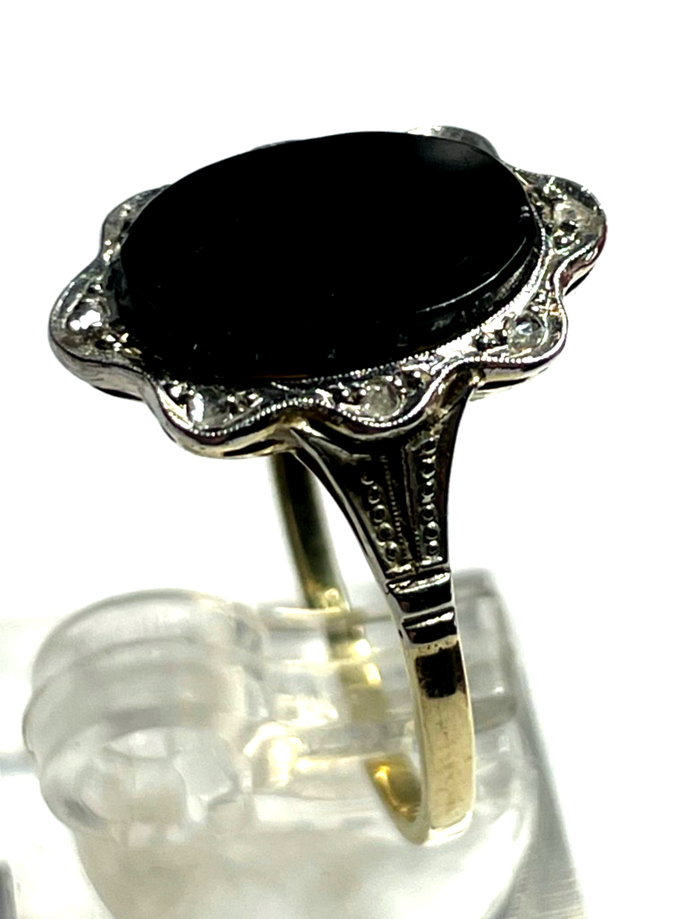 585 Gold 14 K Ring Bicolor orig. Art Deco Onyx Tafel + 8 Diamanten Ø 17,5 RG 552