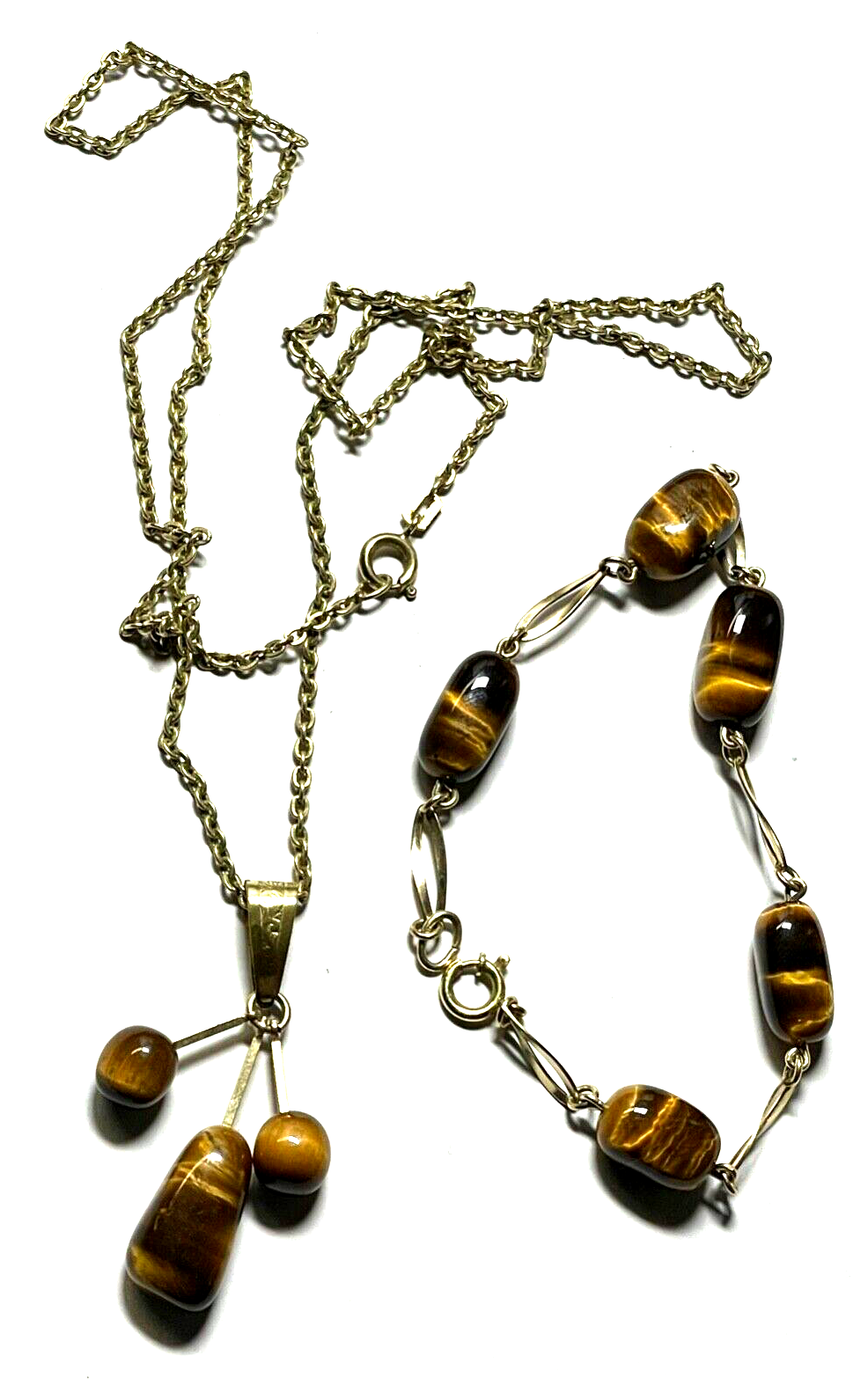 Vintage Amerikaner Gold Double Kette Anhänger Armband mit Tigerauge schönes Set0