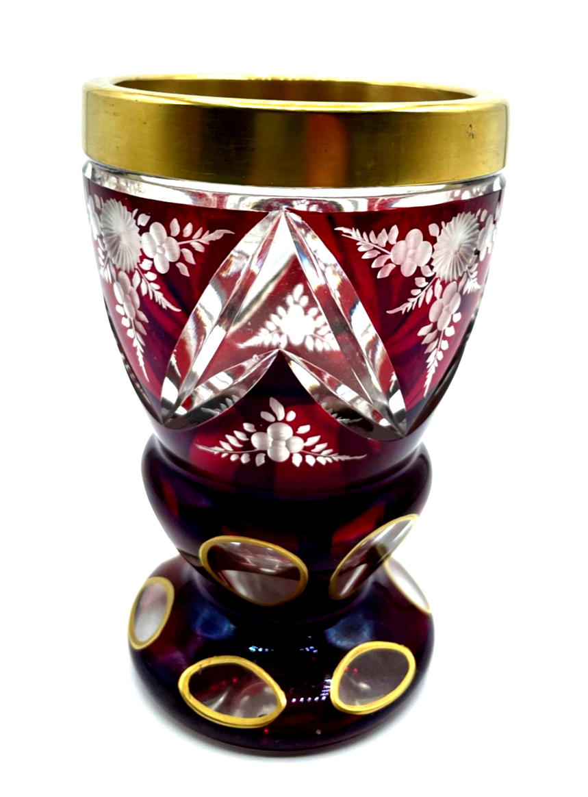 Vintage Böhmen Kristall Glas Ranftbecher Pokal floral Ätzdekor farbig Überfang0