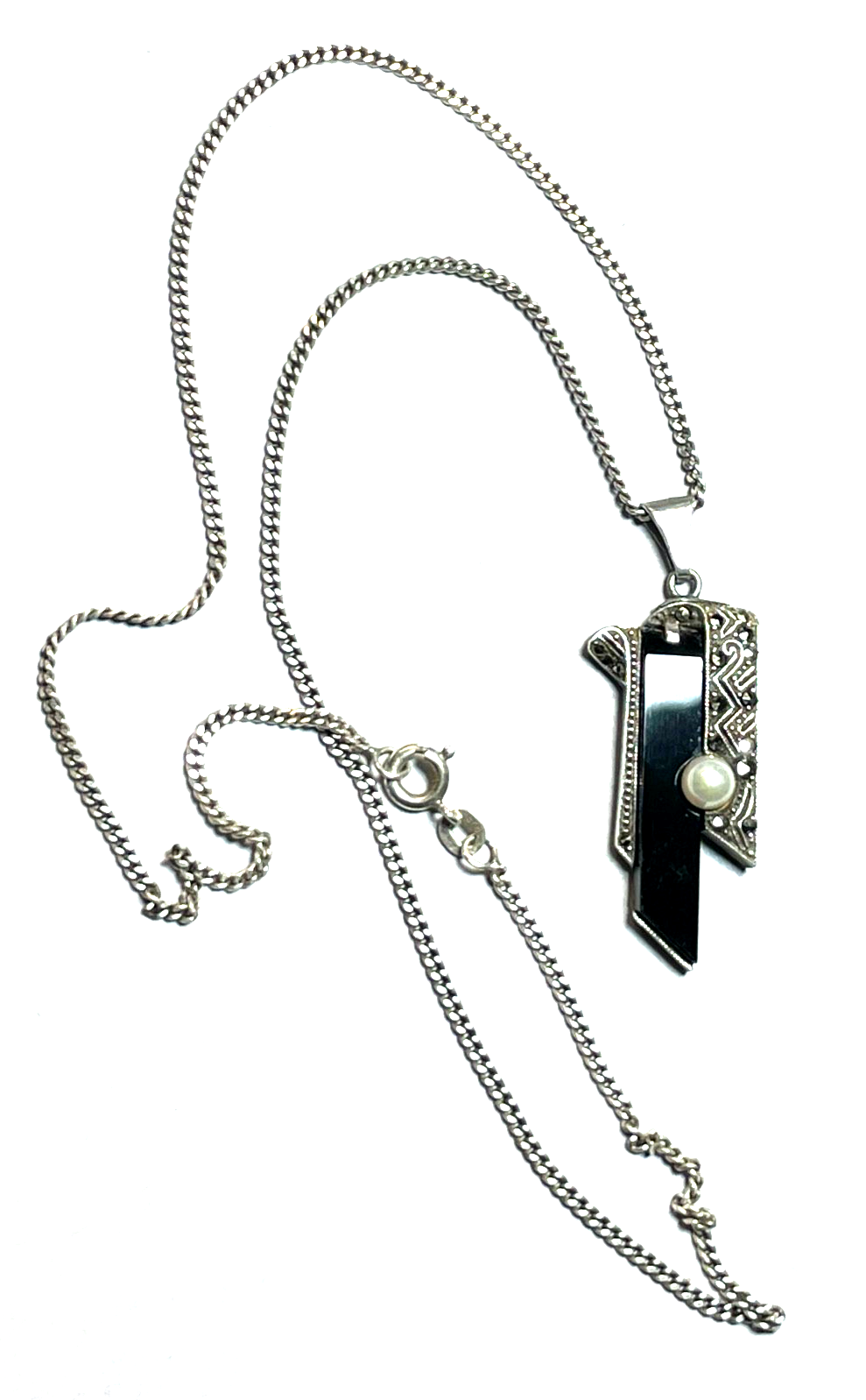 Antik Art Déco 835 Silber Anhänger Onyx Perle Markasiten + 45 cm FBM Panzerkette5