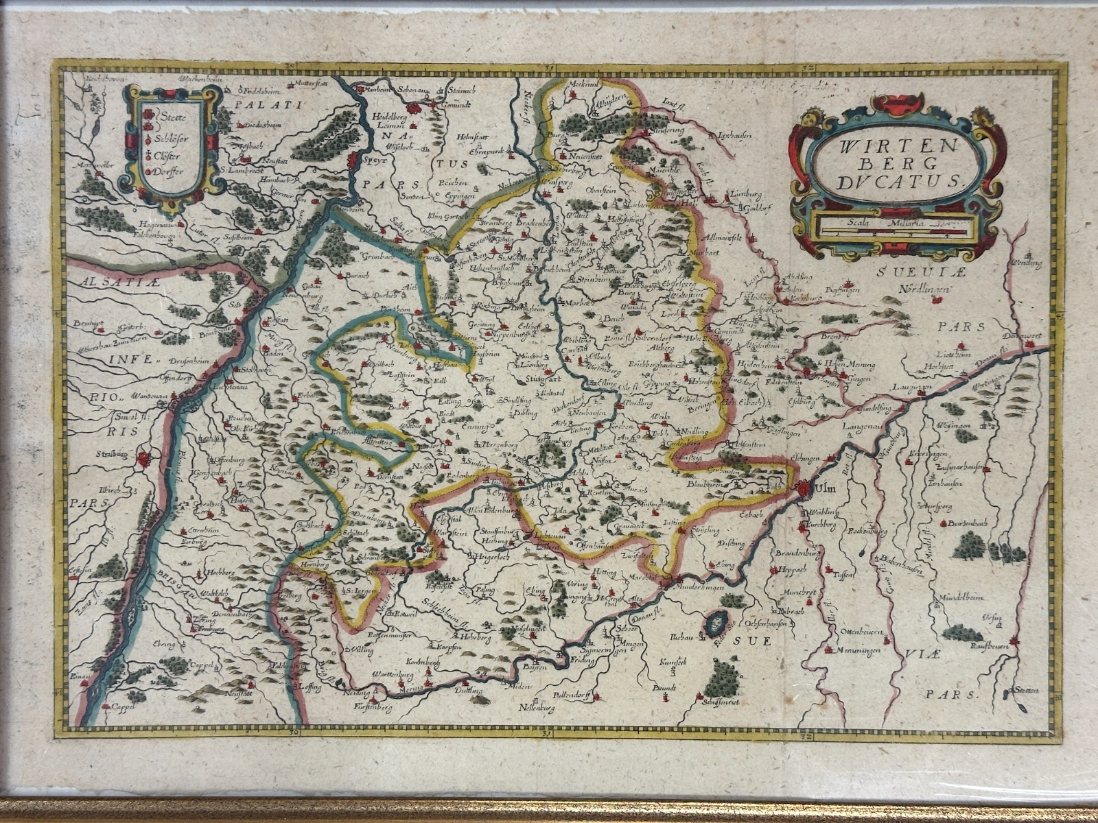 Historische Karte "WIRTENBERG DVCATUS" – Blaeu um 1645 – Kupferstich koloriert1