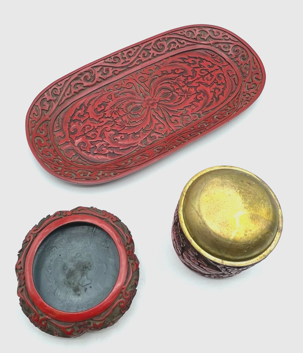 Antik Zinnober Rotlack Chinalack Schnitzlack 3tlg Garnitur um 1900 sehr gepflegt4