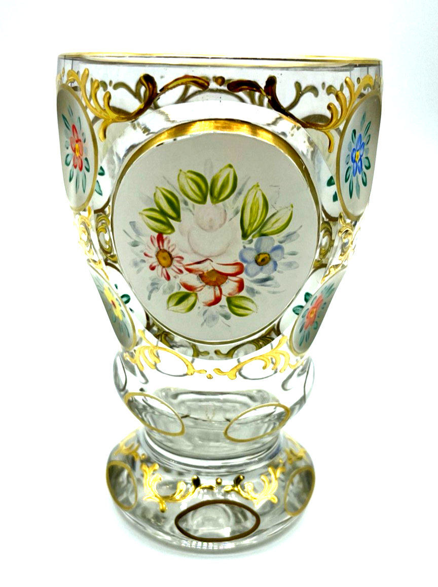 Antik Pokal Glas Becher handbemalt Ranftbecher Blumen Gold Dekor1