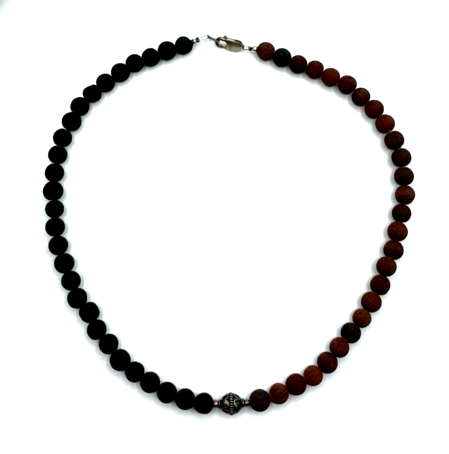 925 Silber Karabiner an Lava Kugel Kette Braun + Schwarz gepflegt 47,5 cm Ø 8 mm3