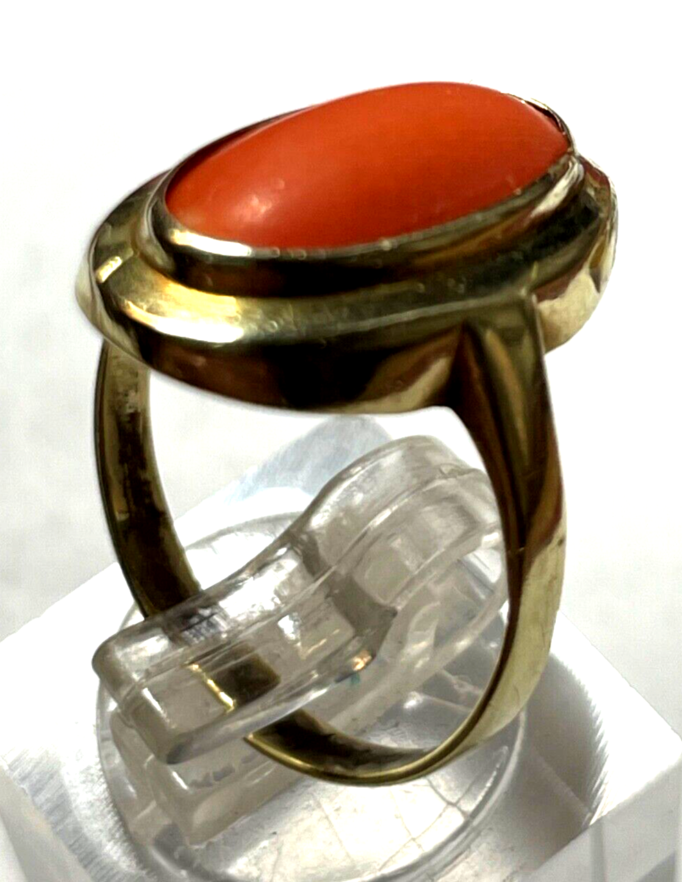 585 Gold 14 K antik Ring oval Koralle Cabochon RG 58 Ø 18,4 mm gebraucht + okay3