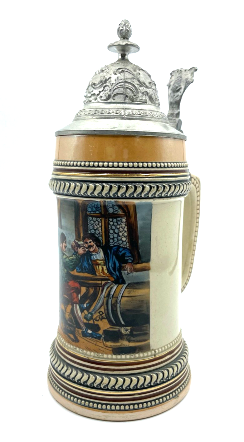 Antik Steinzeug Bierkrug Krug Zinn Deckel handbemalt Wirtshaus 0,4 Ltr. um 19000