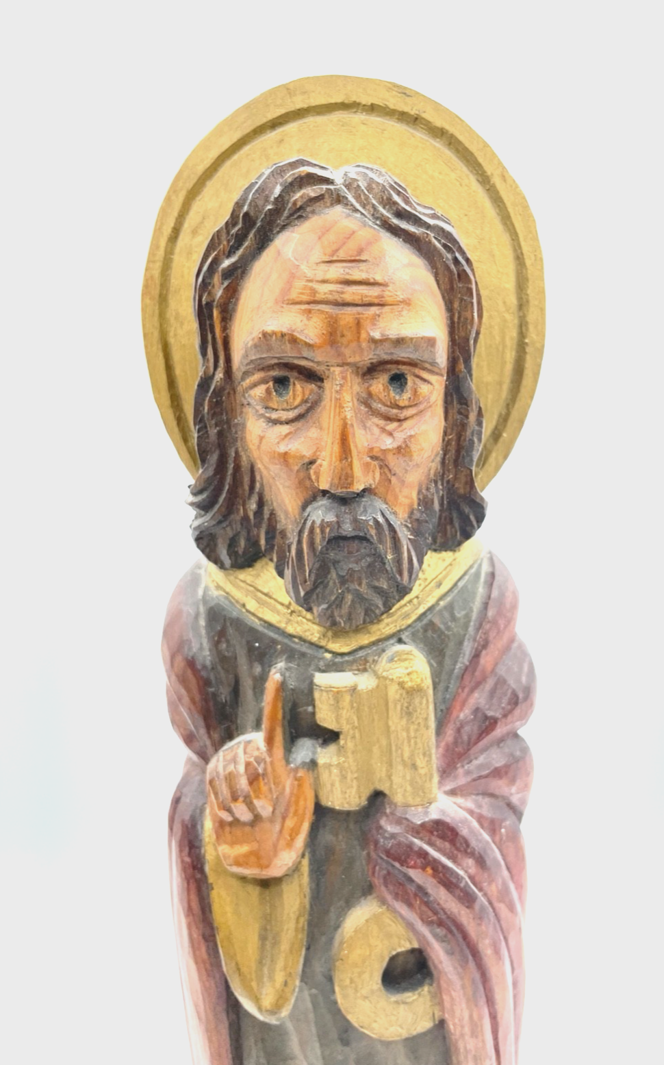 Alte Petrus Figur Holzfigur Handarbeit farblich gefasst Holzschnitzerei H 35 cm2
