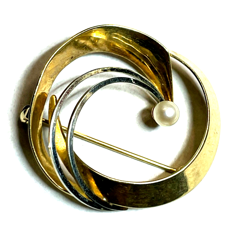 Vintage Teka Design 333 Gold 8 K Gold Bicolor Brosche Anstecknadel Akoya Perle1