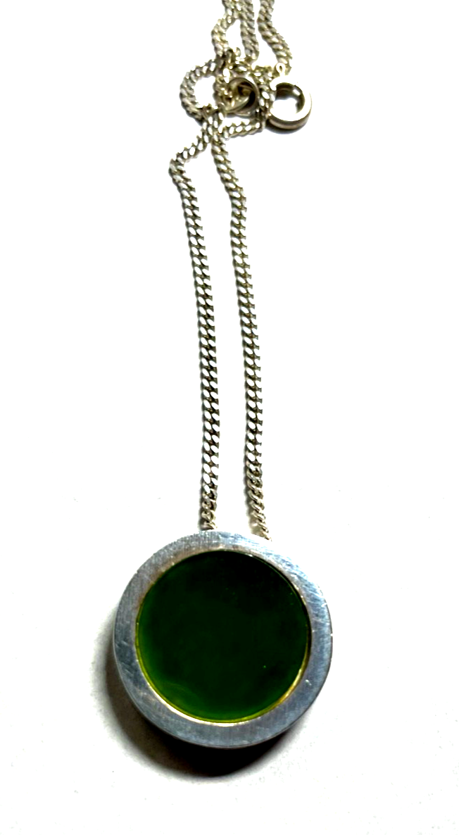 40 cm 925 Sterling Panzerkette + vintage grüne Jade Anhänger Purismus top gepfl.2