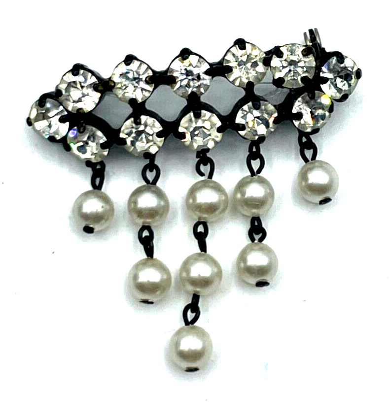 Strass Brosche Schwarz Transparent Kristall + Faux Perlen Abhängung 30er Jahre1