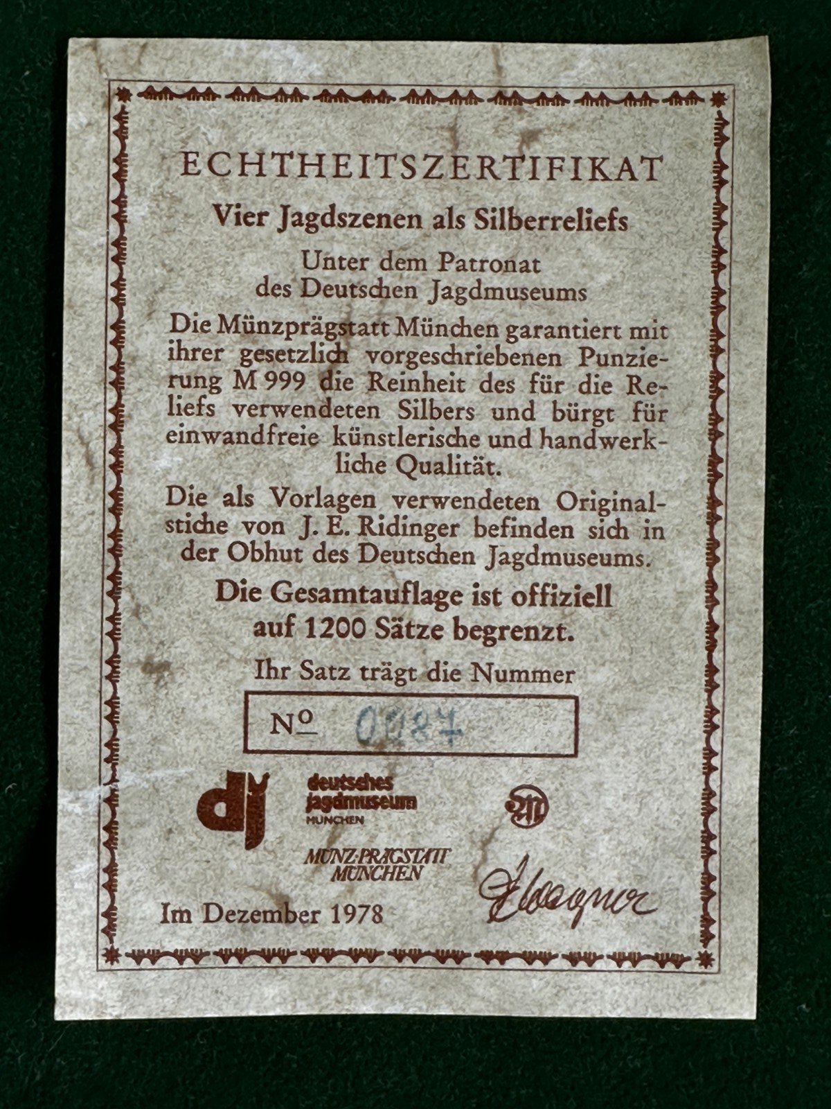 Silberrelief - Jagdszene J. E. Ridinger – Feinsilber 999 – limitiert 87/120015