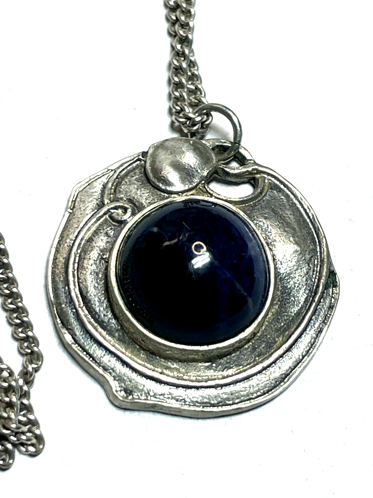 Antik Jugendstil 835 Silber Anhänger mit Lapislazuli Cabichon Panzerkette 61 cm1
