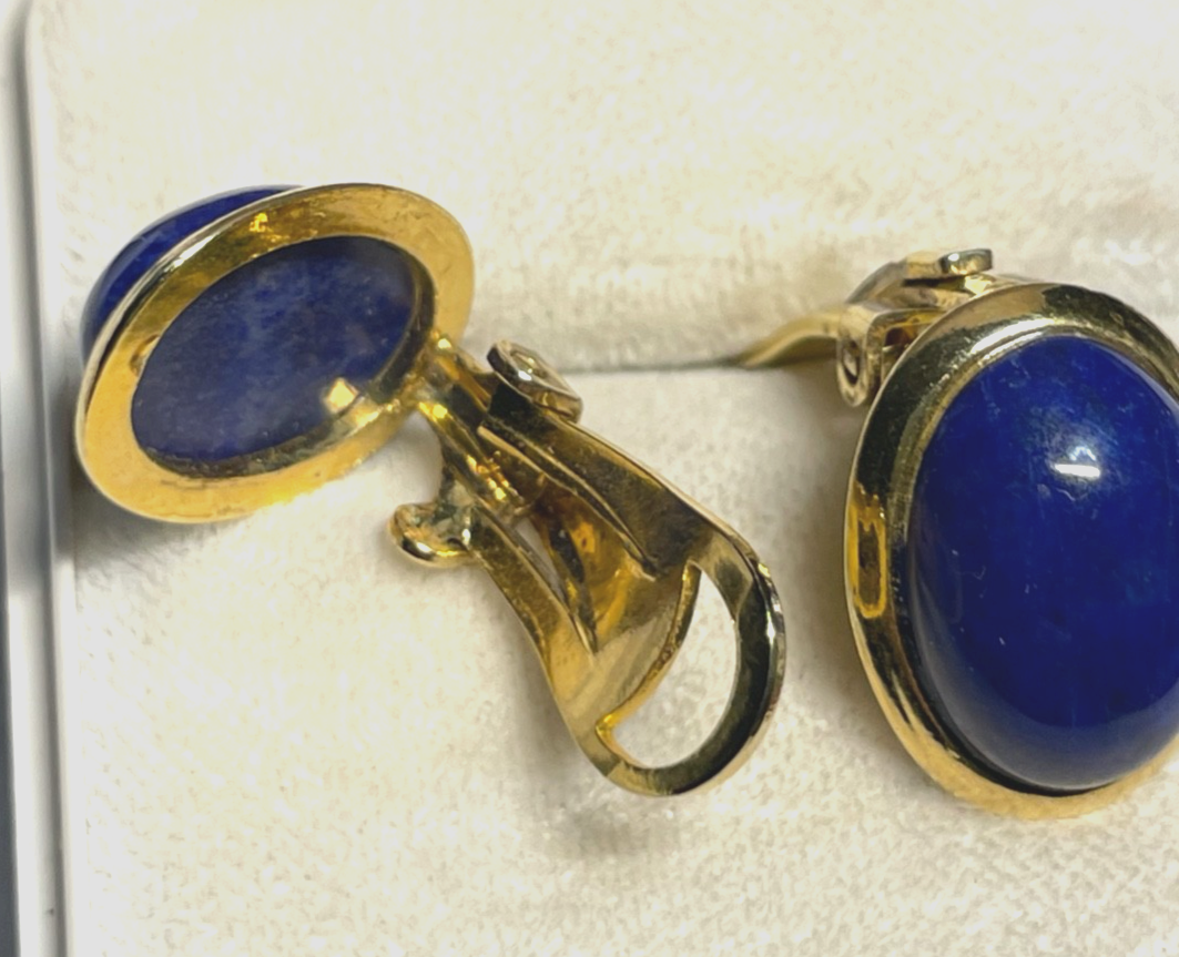 Paar elegante 925 Silber vergoldete Ohrclips Clips Lapislazuli Cabochon wie neu2