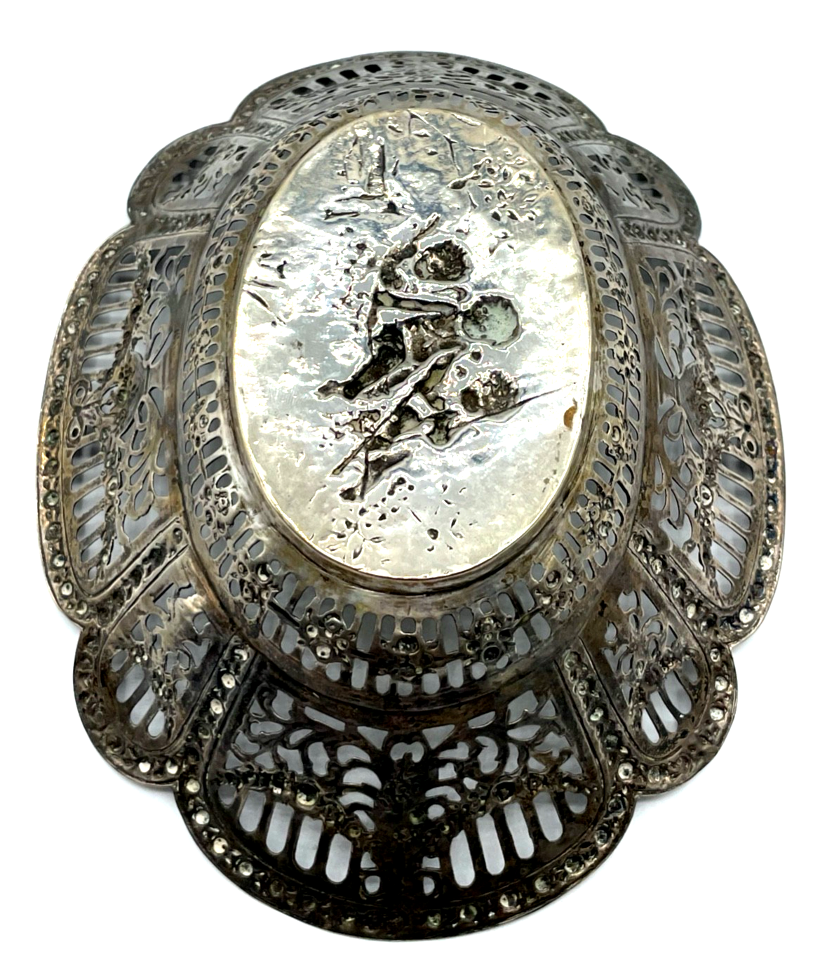 Antik 800 Silber Körbchen Anbietschale Durchbruch Putten Rosen Dekor L 21,2 cm13