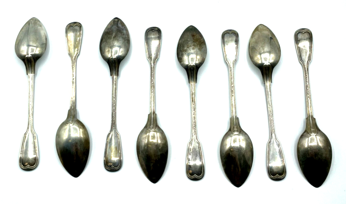 Antik Augsburger Faden Friedländer 800 Silber Kaffeelöffel Set 8 St WG GW Gravur5