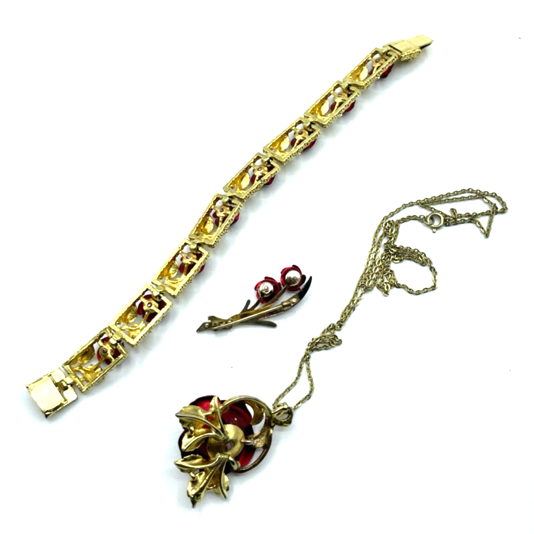 70erJ Original Modeschmuck vergoldet plastische rote Rosen Set 3 tlg Nostalgie4